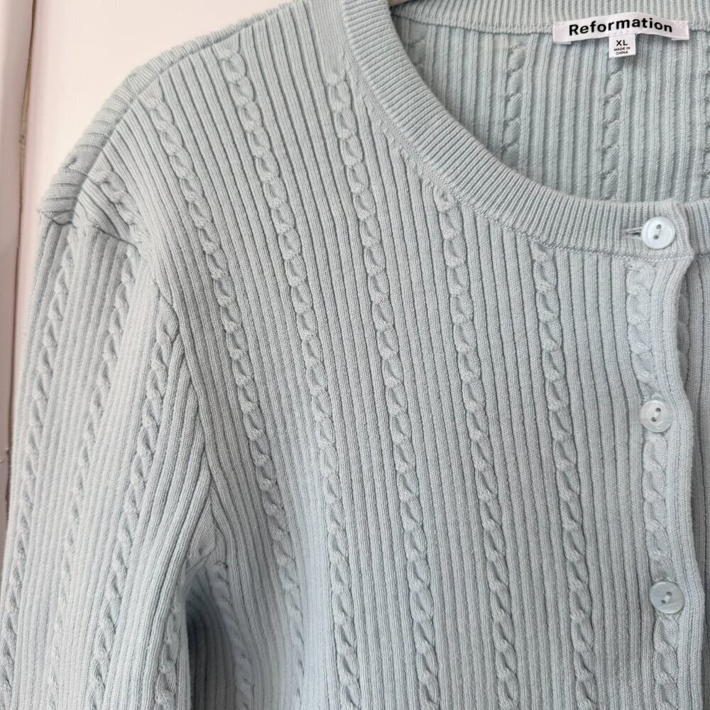 Reformation Natalie Cable Knit Cotton Cardigan Sweater Light Blue XL - Picture 5 of 15